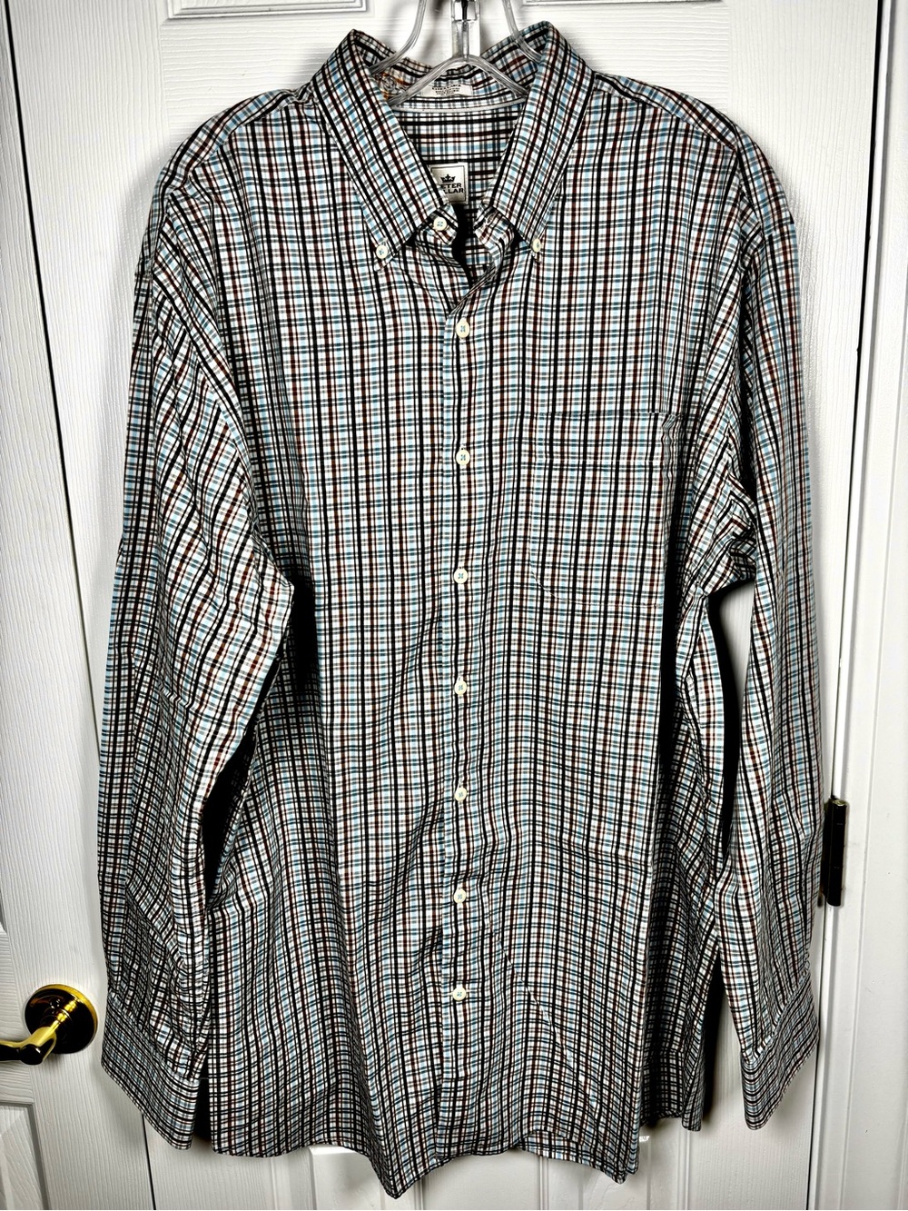 Peter Millar Button Down Dress Shirt Mens Sz XL Brown Blue Plaid Long Sleeve
